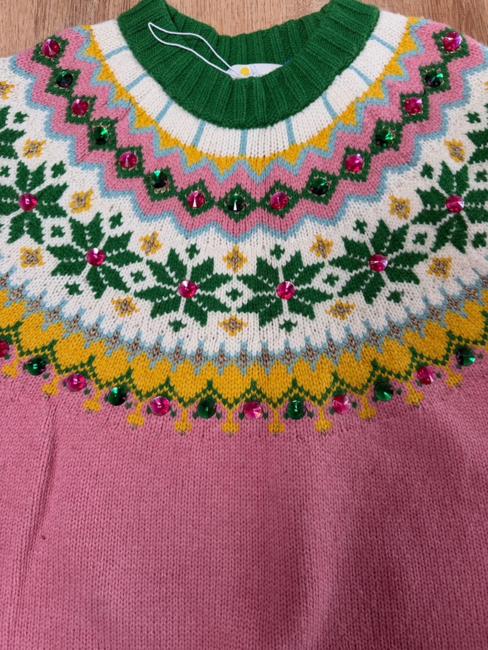 Boden Pink Fair Isle Crewneck Sweater with Green Trim - Picture 2 of 3